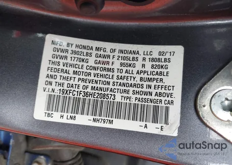 2017 Honda Civic Ex-T from USA, damaged, VIN 19XFC1F36HE208573